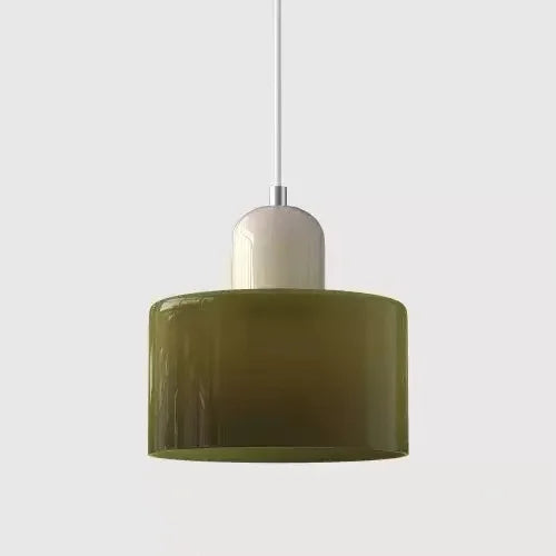 Retro Stained Glass Cylinder Pendant Light in Pastel Colors for Bedside