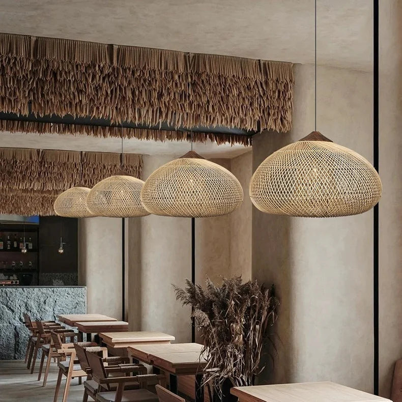 Wabi Sabi Rattan and Wood Pendant Light Hand Woven for Kitchen Island