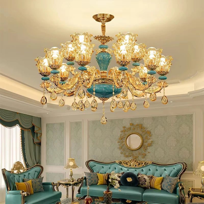 Candelabro de salón de estilo europeo, lámpara de cristal de cerámica de lujo para el hogar, nuevo estilo, sencilla, para dormitorio o restaurante