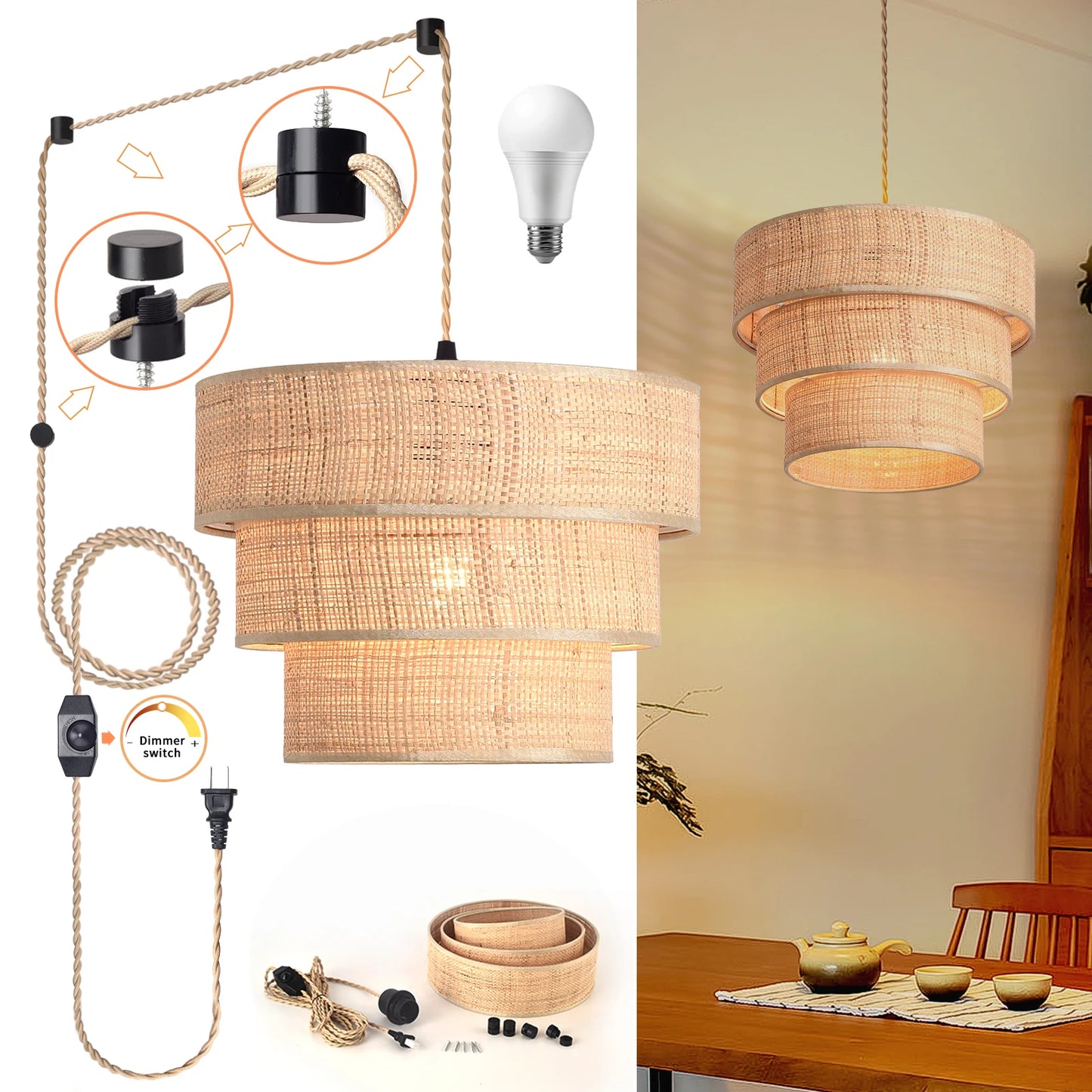 Bohemian Rattan Pendant Light 3-Tier Woven