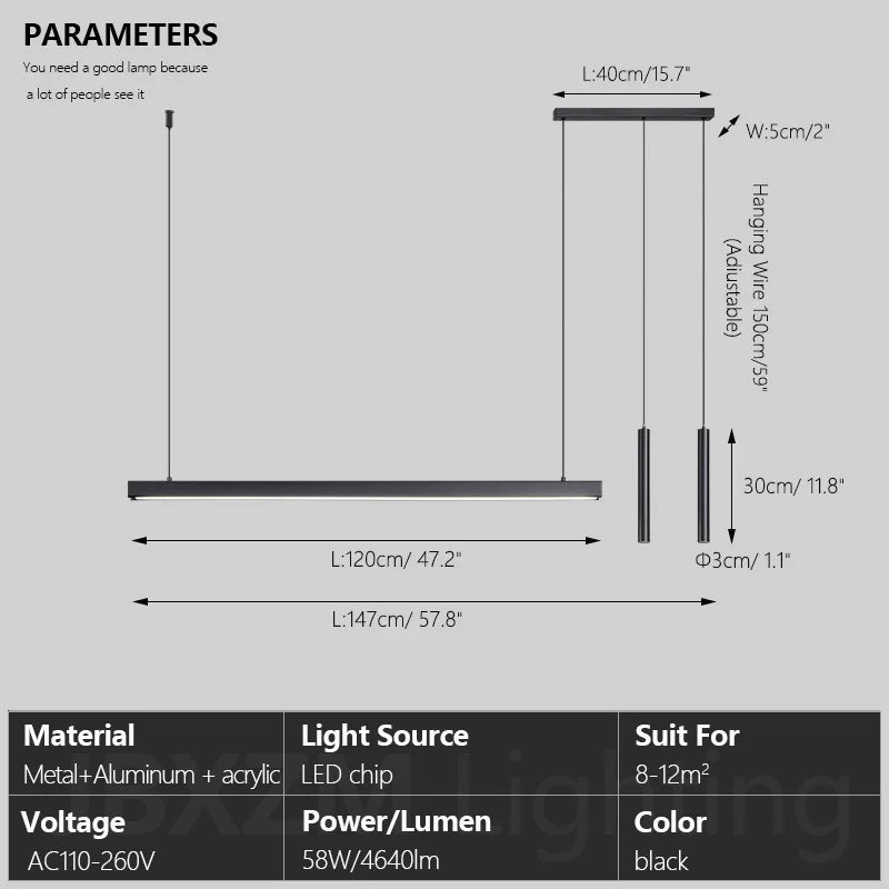 Lámpara colgante lineal minimalista de aluminio negro