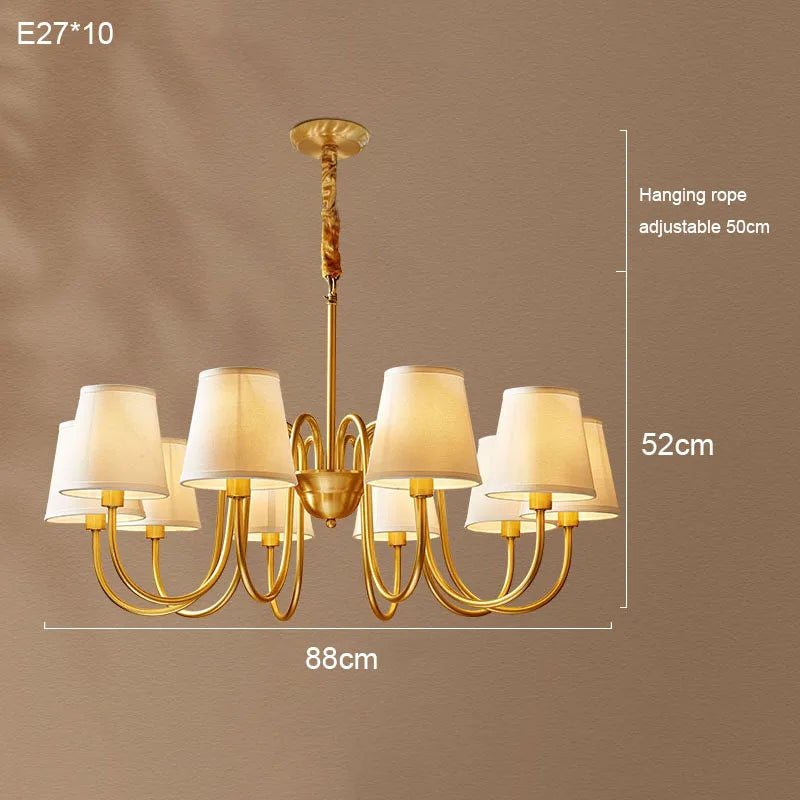 Lámpara colgante de cobre para sala de estar medieval, candelabro de cobre retro para comedor, lámpara colgante de tela moderna de lujo para dormitorio, iluminación colgante simple