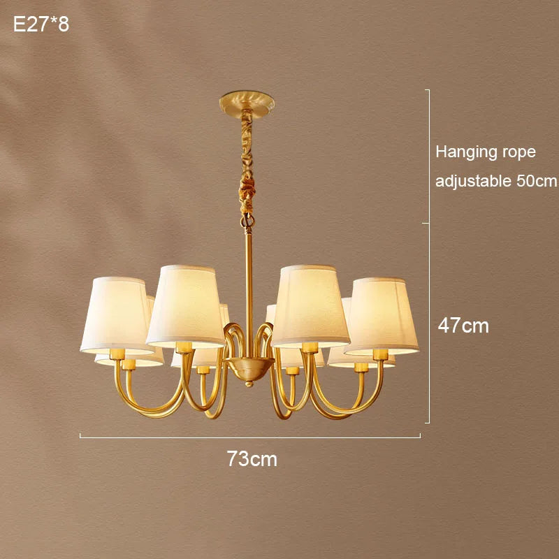 Lámpara colgante de cobre para sala de estar medieval, candelabro de cobre retro para comedor, lámpara colgante de tela moderna de lujo para dormitorio, iluminación colgante simple