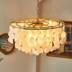 Coastal Capiz Shell Tiered Chandelier with Gold Frame for Bedroom