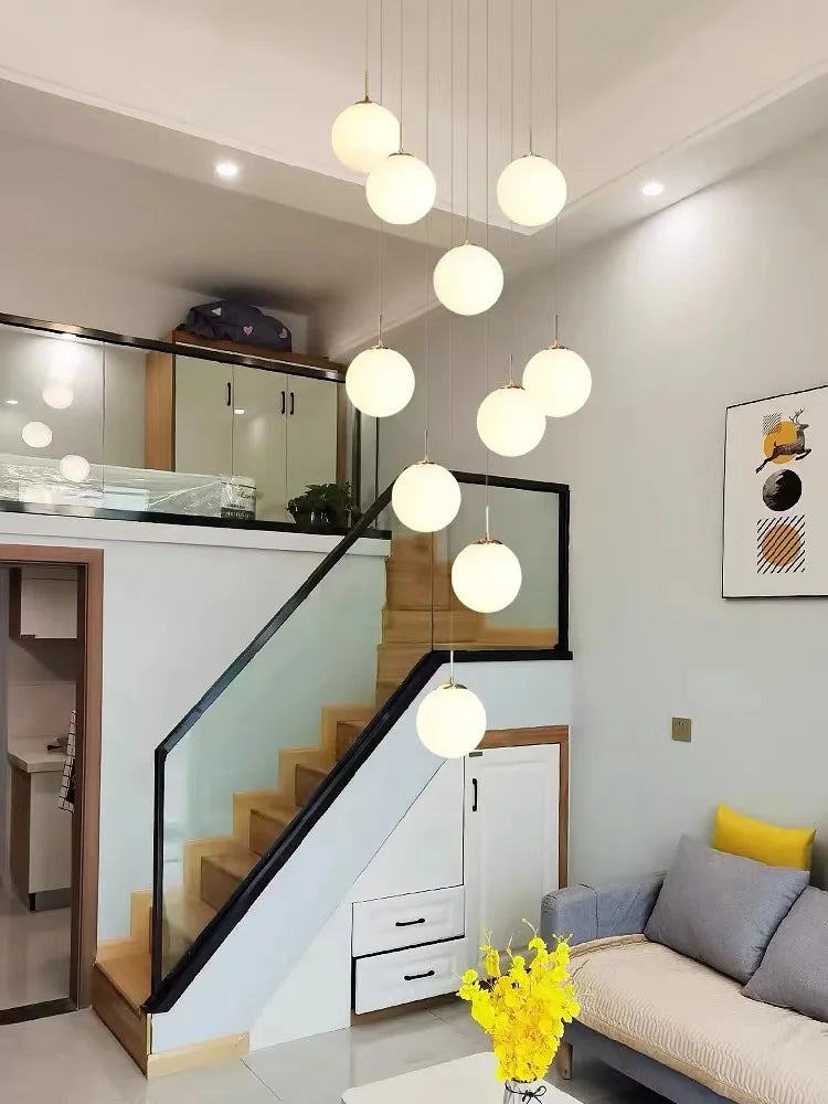 Opal Glass Ball Cluster Chandelier for Staircase and Hotel Lobby