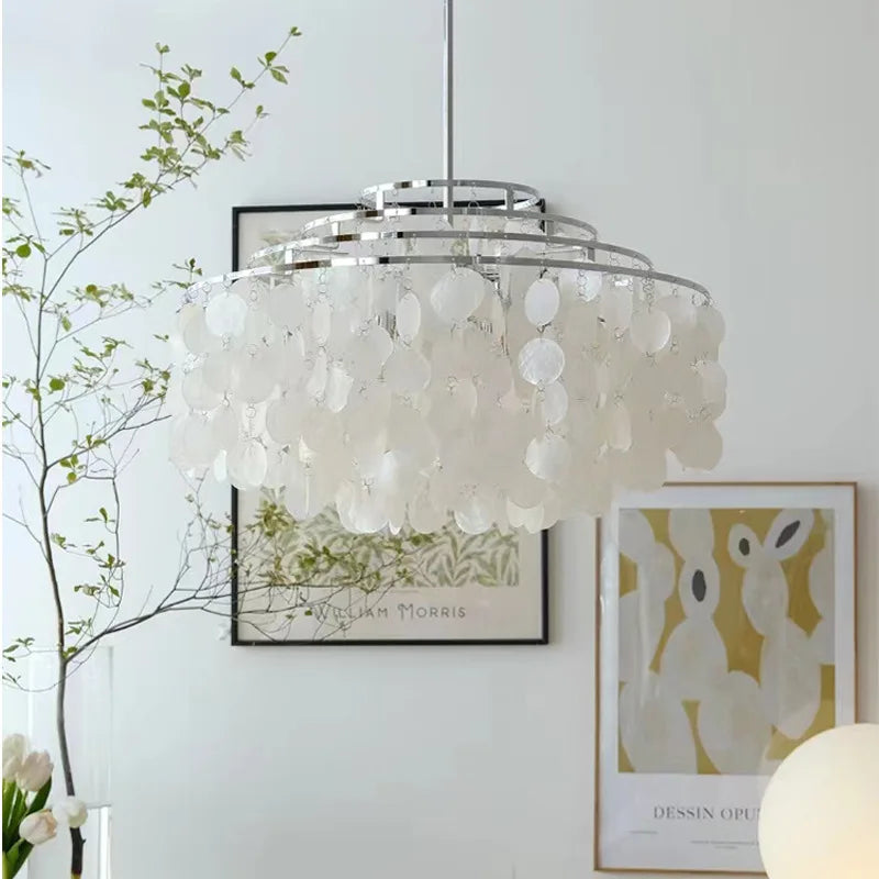 French Capiz Shell Spiral Chandelier in Chrome and Gold for Bedroom