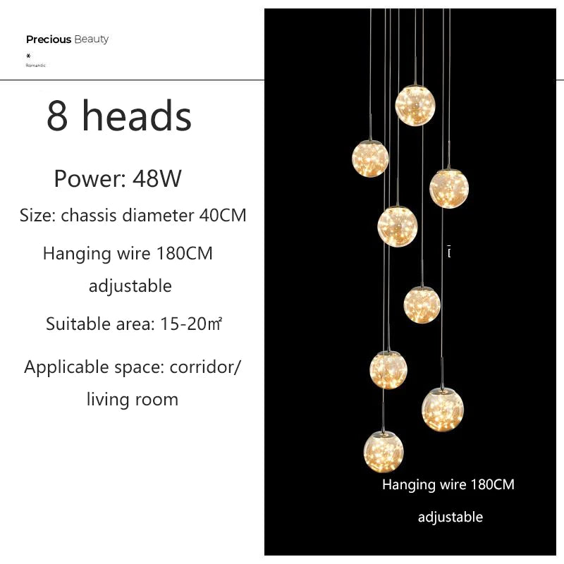 Starry Glass Ball Cluster Chandelier for Staircase in Smoky Gray and Cognac