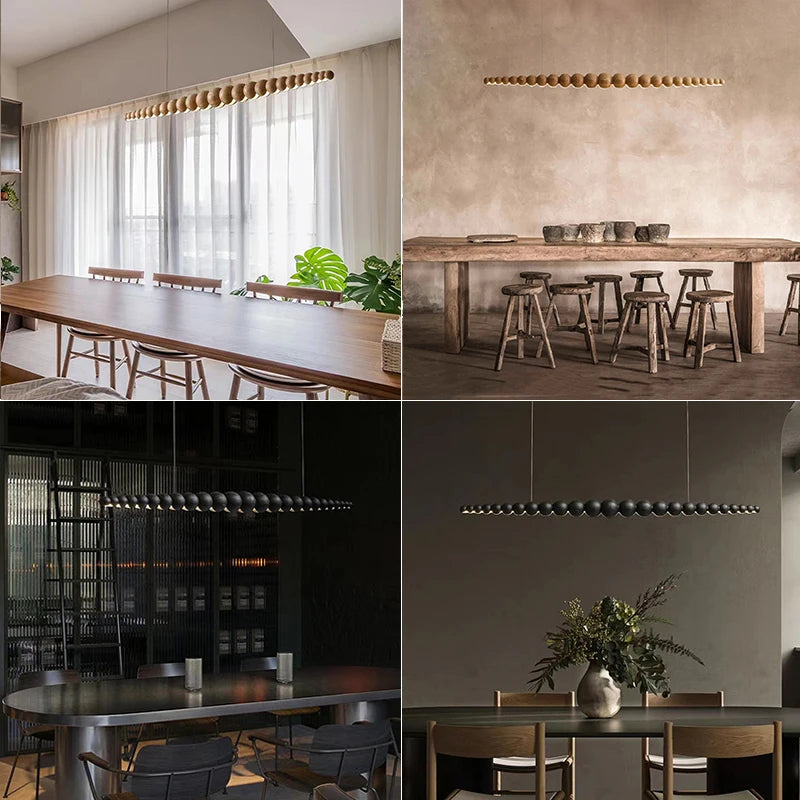 Modern Wood Bead Linear LED Pendant Light for Dining Table and Kitchen Island