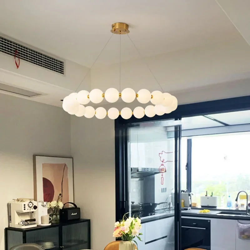 Modern Pearl Ball Ring Chandelier in Cream White for Living Room