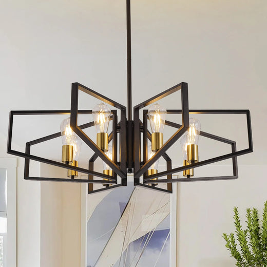 Modern Geometric 8 Light Chandelier in Black and Gold for Dining Room
