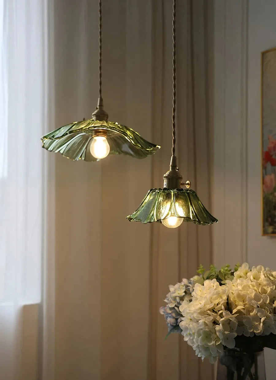 Vintage Flower Petal Glass Pendant Light with Brass Stem for Kitchen
