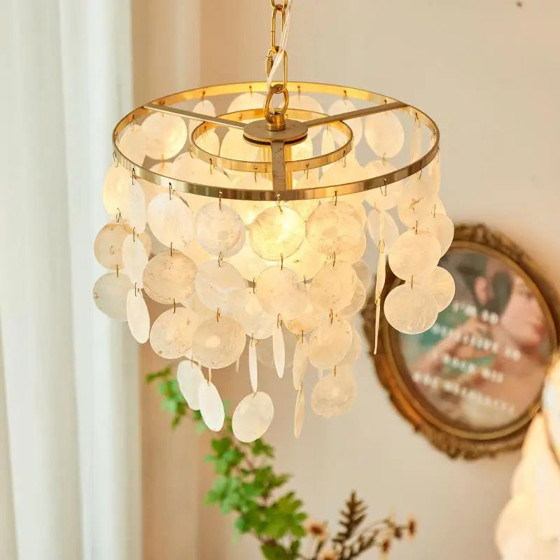 Coastal Capiz Shell Tiered Chandelier with Gold Frame for Bedroom