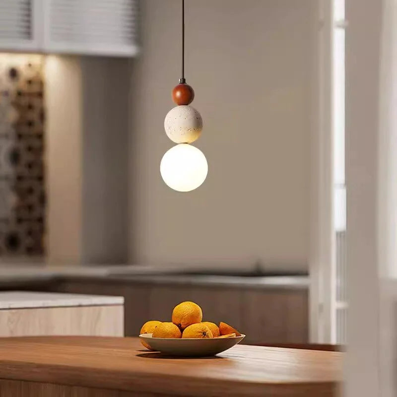 Cream Style Travertine and Wood Ball Pendant Light with Opal Globe