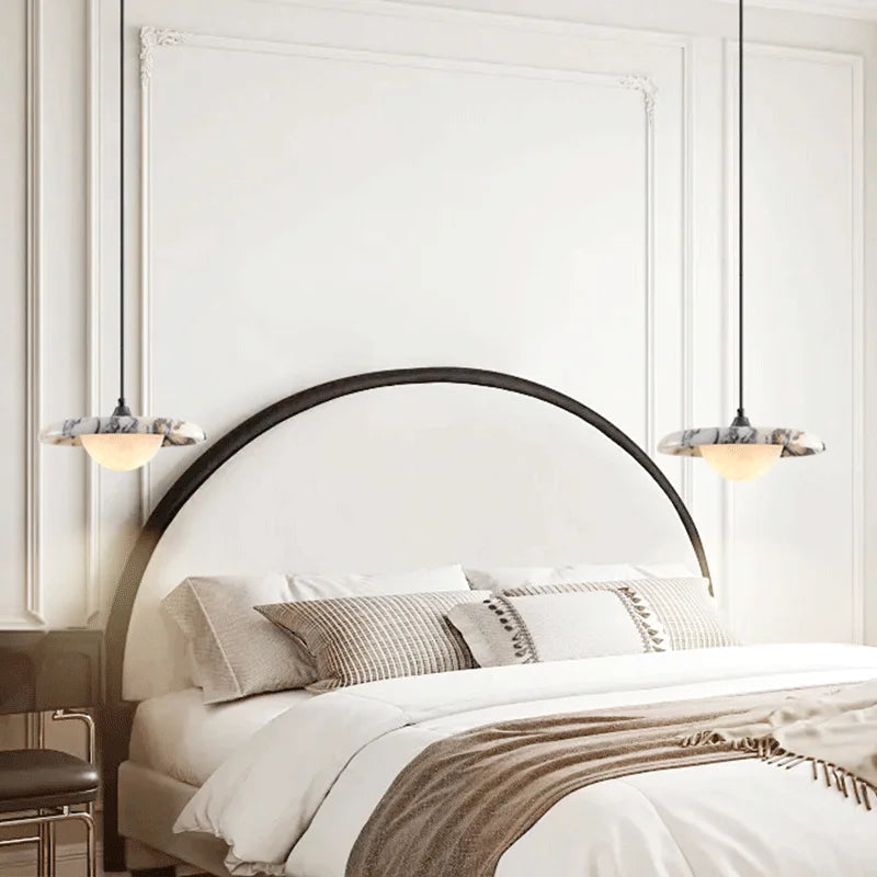 Luxury Veined Marble Saucer Pendant Light with Glowing Dome for Bedroom