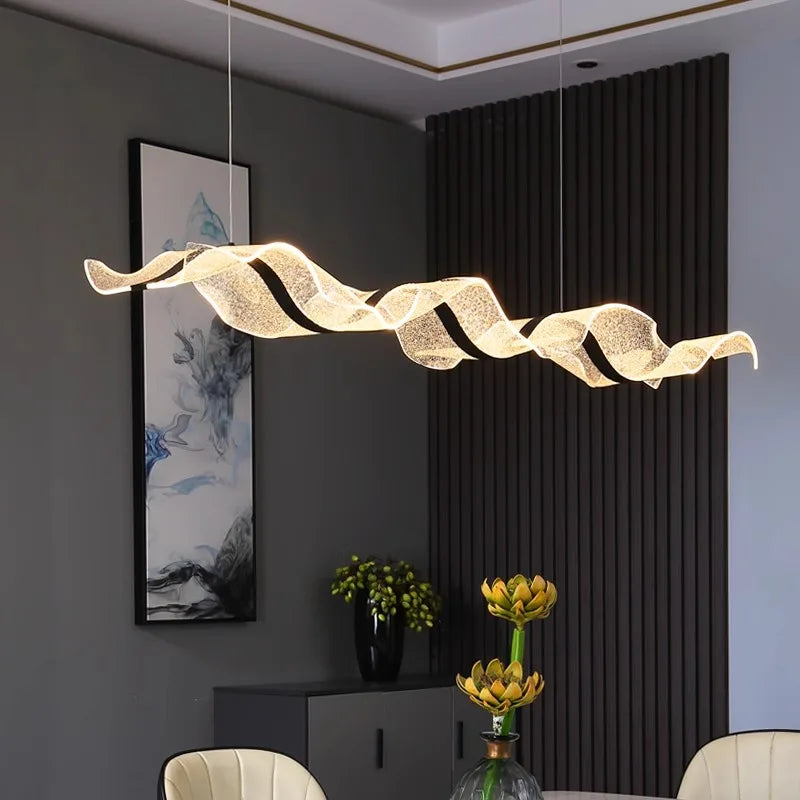 Modern Wave LED Linear Chandelier for Dining Table in Black Gold and White