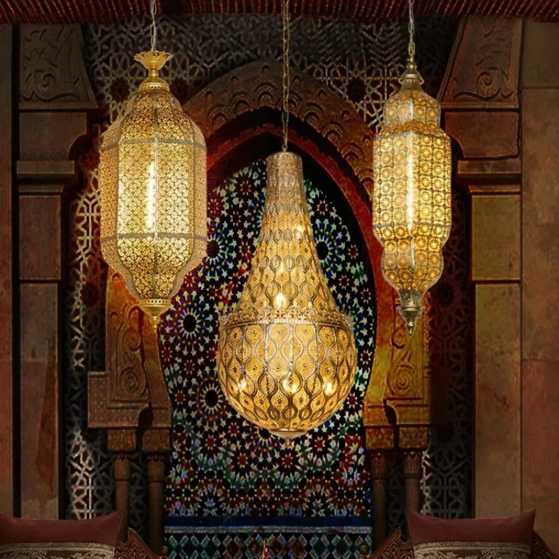 Moroccan Carved Brass Lantern Pendant Light for Restaurant and Hallway
