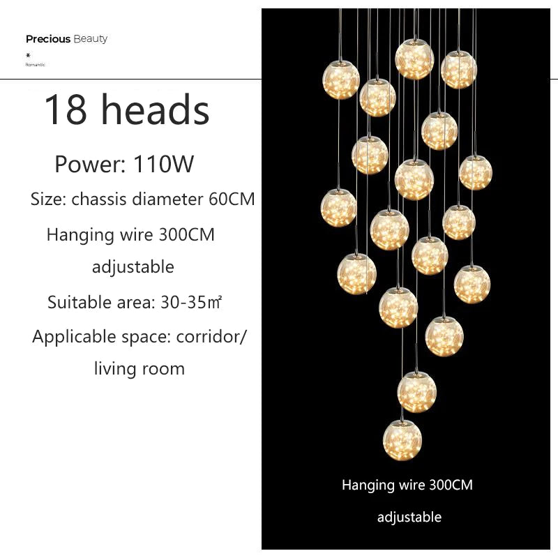Starry Glass Ball Cluster Chandelier for Staircase in Smoky Gray and Cognac