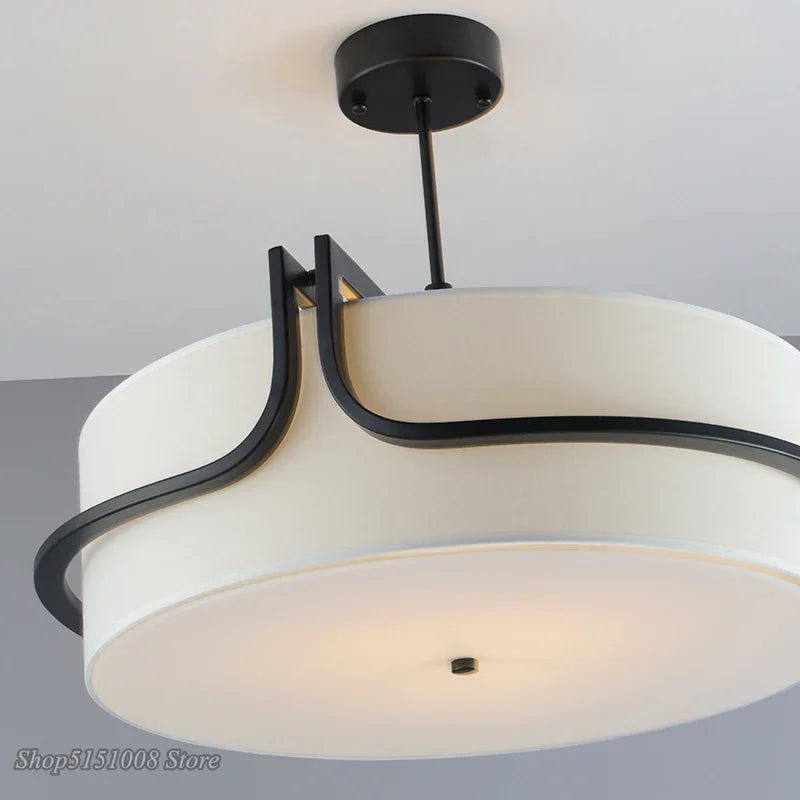 Modern Fabric Drum Chandelier with Black Curved Frame for Dining Room