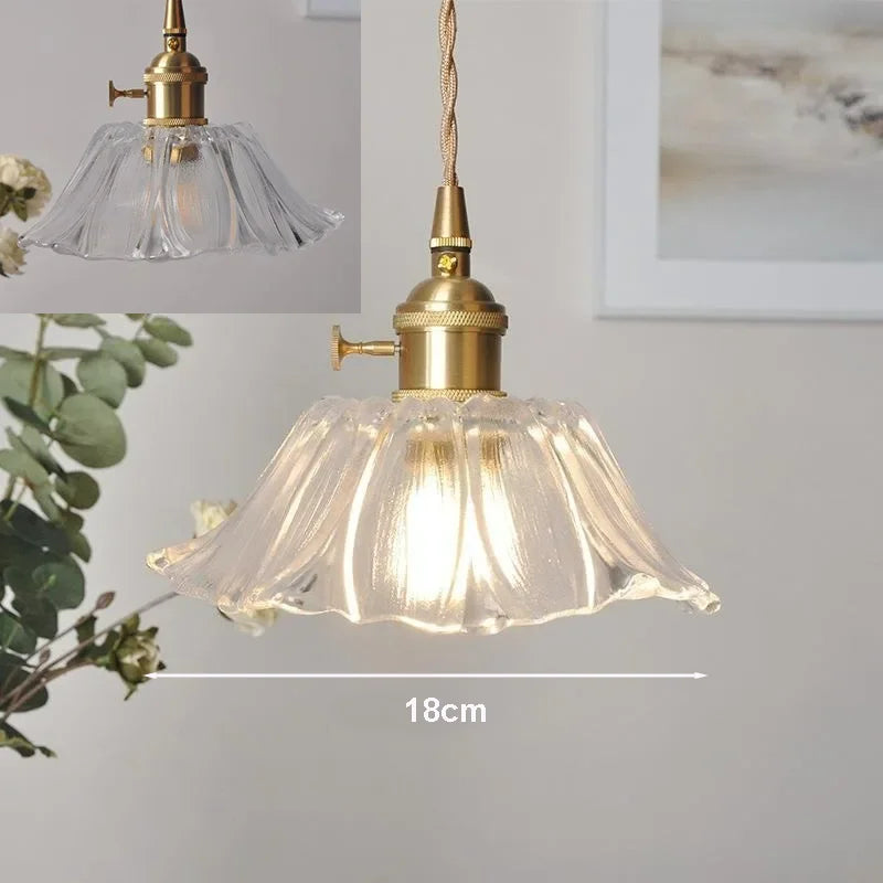 Vintage Flower Petal Glass Pendant Light with Brass Stem for Kitchen