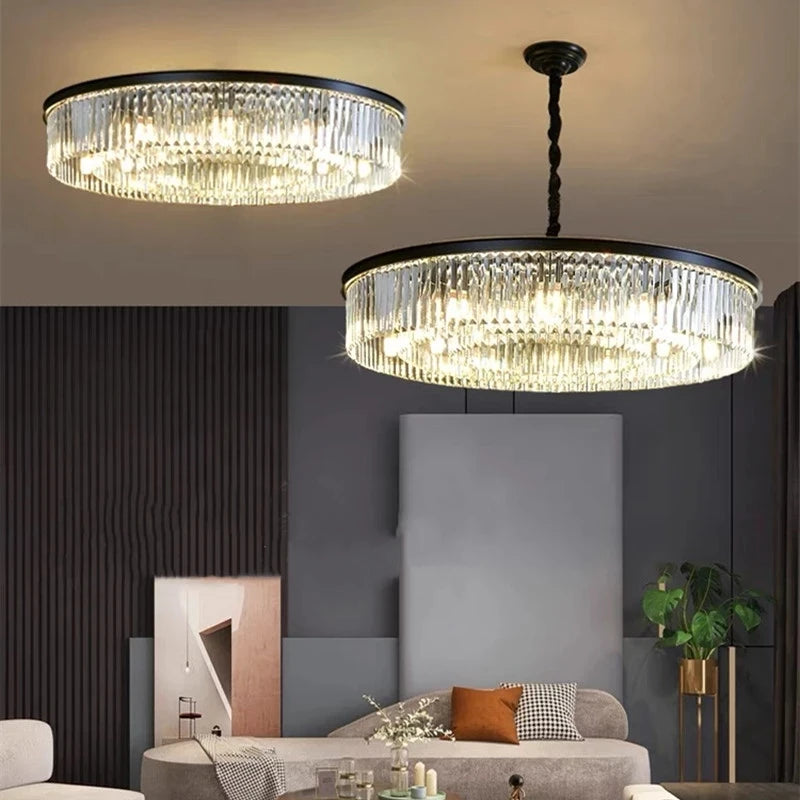 Araña de cristal moderna LED lámpara de techo negra dorada sala de estar hotel de lujo accesorios de iluminación para comedor