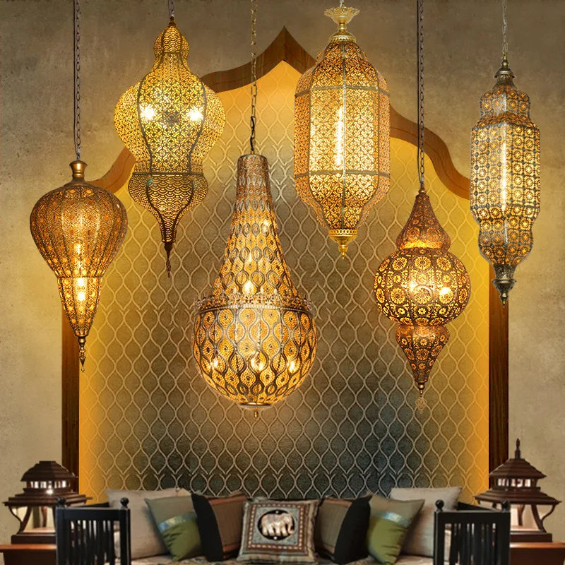 Moroccan Carved Brass Lantern Pendant Light for Restaurant and Hallway