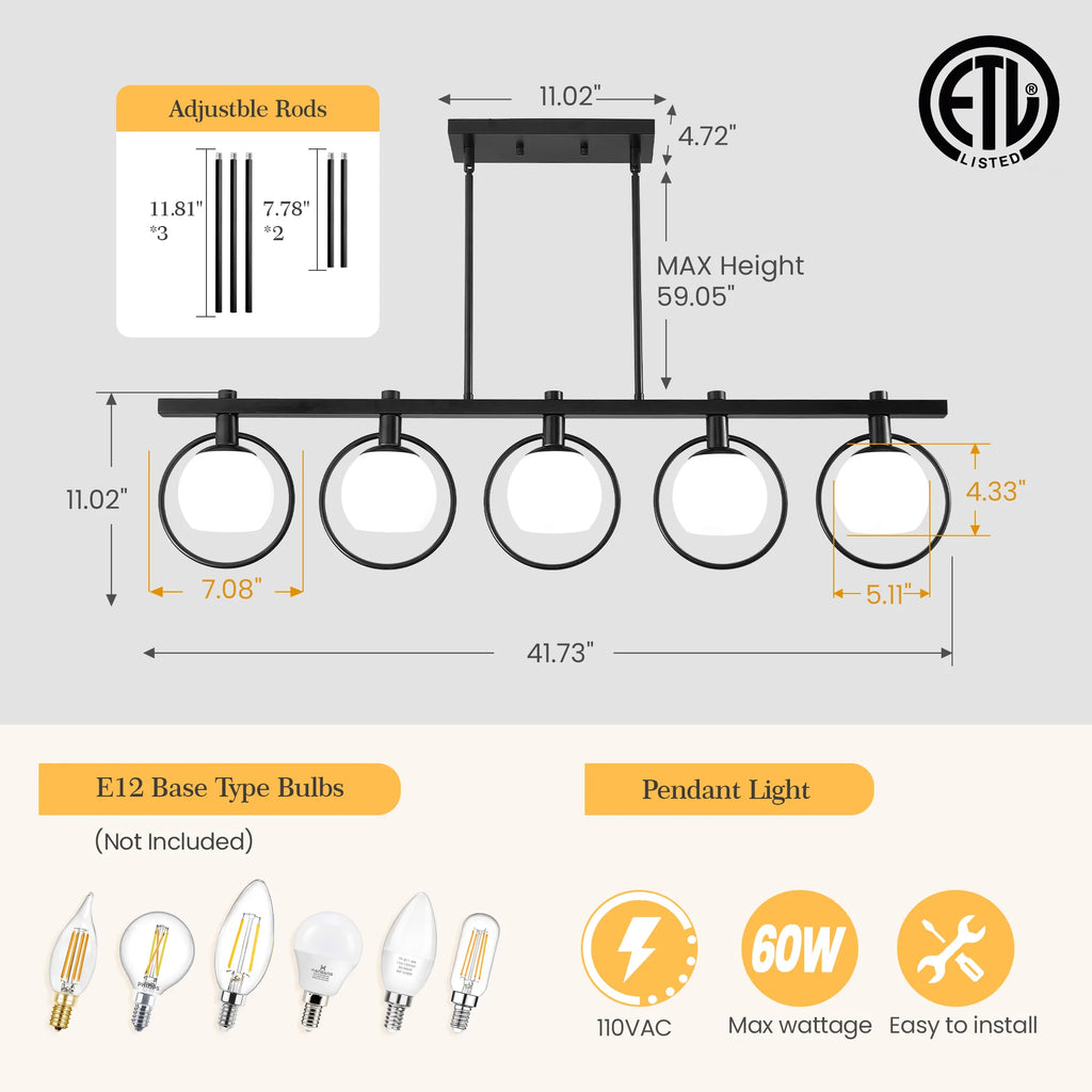 Lámpara colgante minimalista de hierro y cristal con 5 luces