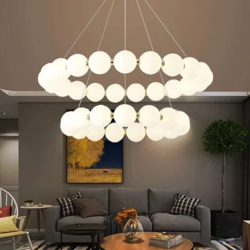 Modern Pearl Ball Ring Chandelier in Cream White for Living Room