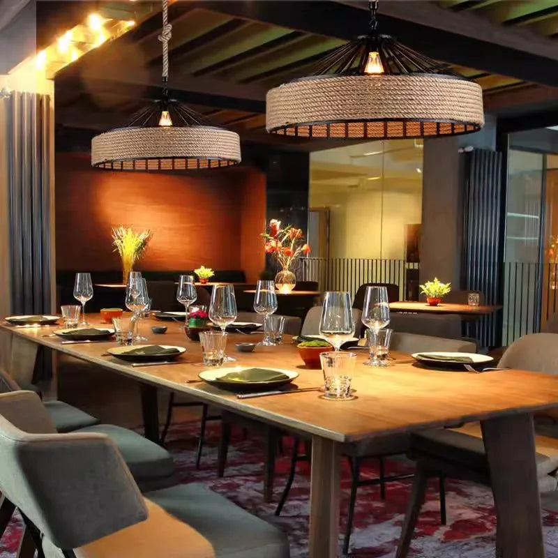 Rustic Hemp Rope Drum Pendant Light with Iron Frame for Dining Room