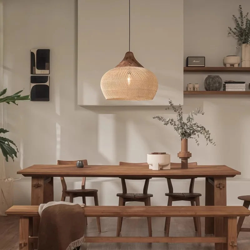 Wabi Sabi Rattan and Wood Pendant Light Hand Woven for Kitchen Island