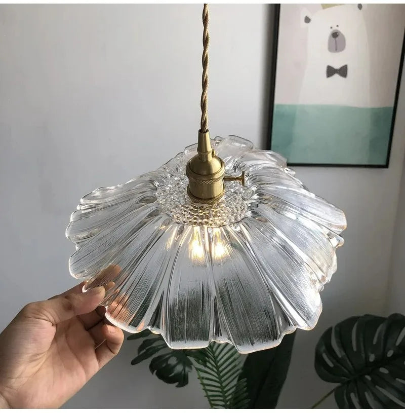 Vintage Flower Petal Glass Pendant Light with Brass Stem for Kitchen