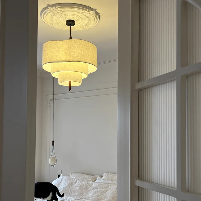 Wabi Sabi Linen Tiered Drum Chandelier with Walnut Accent for Living Room