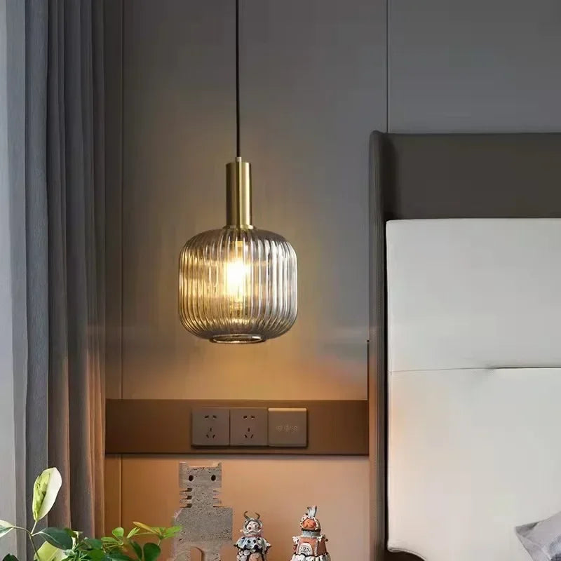 Vintage Striped Glass Pendant Light in Green Gray and Amber for Kitchen Island