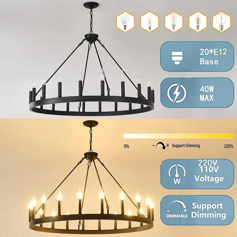 American wrought iron circular pendant light, candle pendant light, retro circular dining room light, living room pendant light