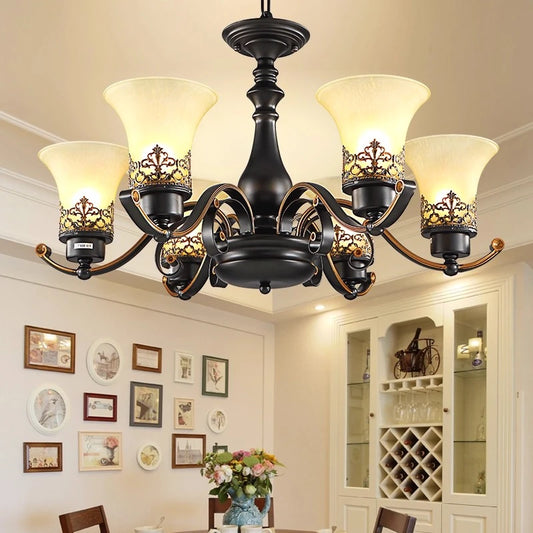 Vintage Loft Wrought Iron Pendant Chandelier with Glass