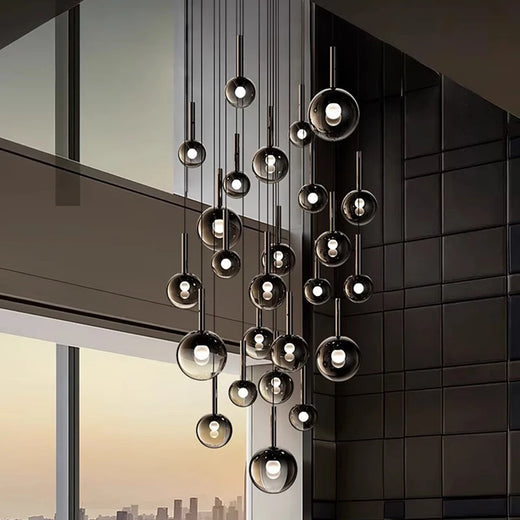 Smoked Glass Ball Cluster Staircase Chandelier with LED Globes