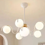 French Cream Squiggle Chandelier with Opal Glass Globes in Red and White