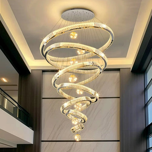 Grand Spiral Crystal Ring Chandelier for Staircase and Duplex Living Room