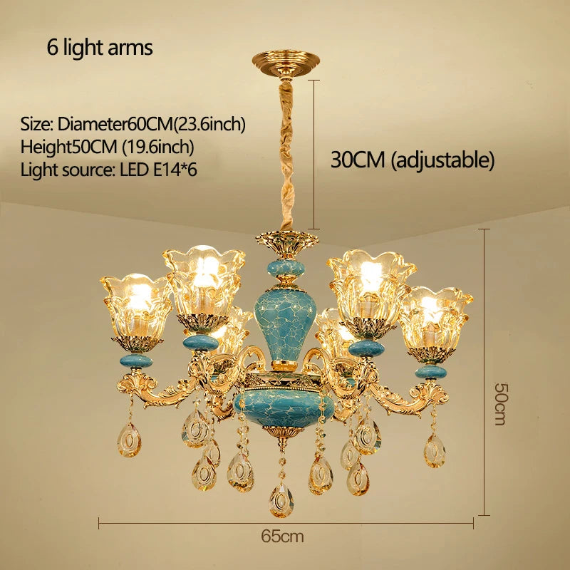 Candelabro de salón de estilo europeo, lámpara de cristal de cerámica de lujo para el hogar, nuevo estilo, sencilla, para dormitorio o restaurante