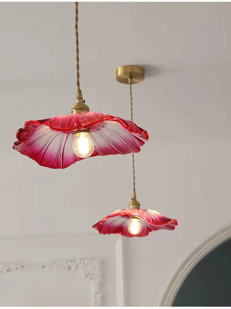 Vintage Flower Petal Glass Pendant Light with Brass Stem for Kitchen