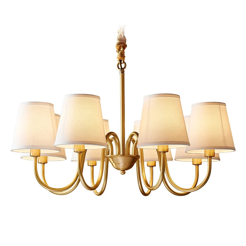 Lámpara colgante de cobre para sala de estar medieval, candelabro de cobre retro para comedor, lámpara colgante de tela moderna de lujo para dormitorio, iluminación colgante simple