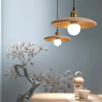 Solid Wood Disc Pendant Light with Opal Globe for Tea Room and Hallway