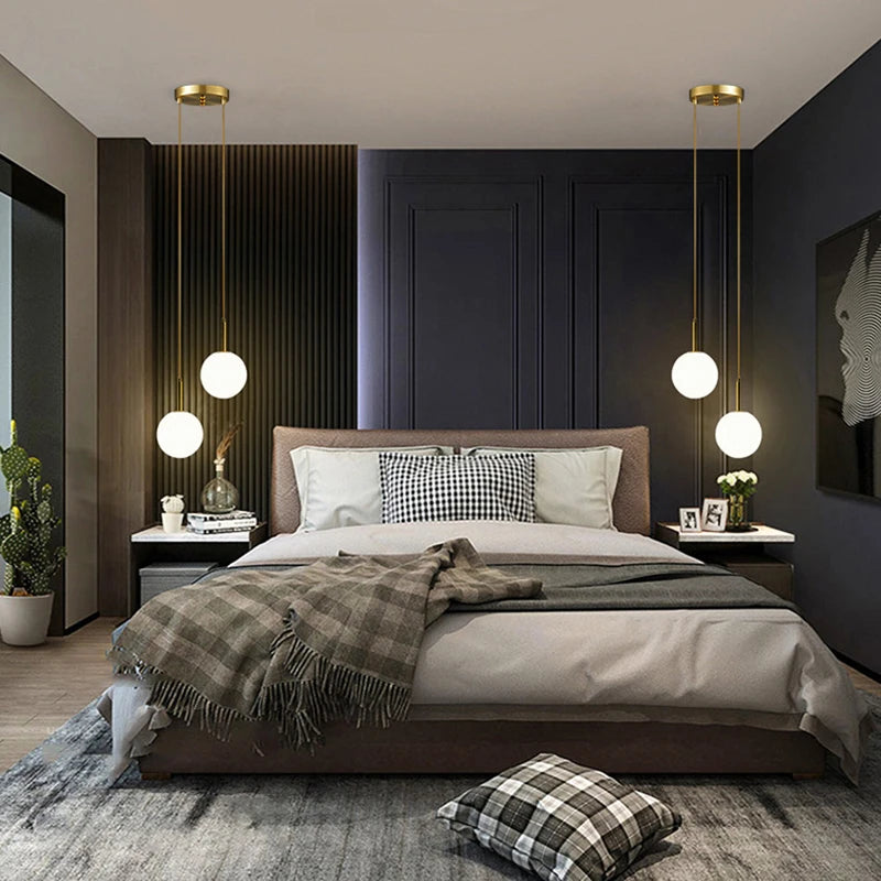 Modern LED Bedside Pendant Light White/Smoke Gray Glass Ball Ceiling Hanging Lamps Nordic Home Decoration Ceiling Pendant Lamp
