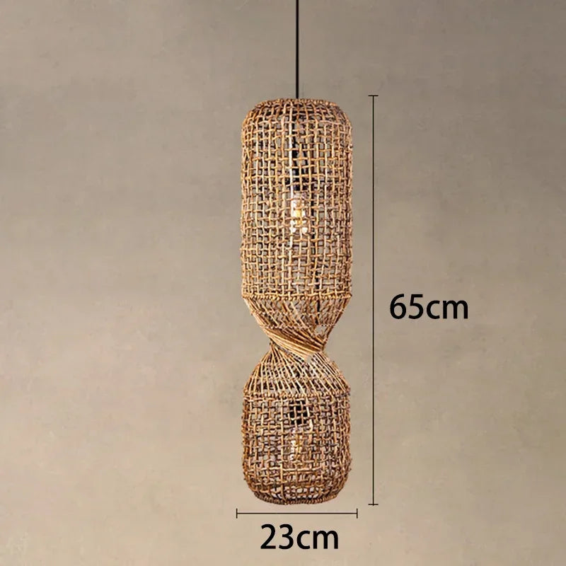 Hand Woven Rattan Column Pendant Light for Staircase and Living Room