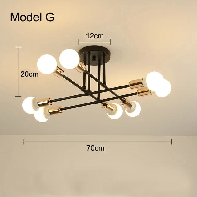 Modern Gold Sputnik Semi Flush Ceiling Light for Bedroom and Living Room
