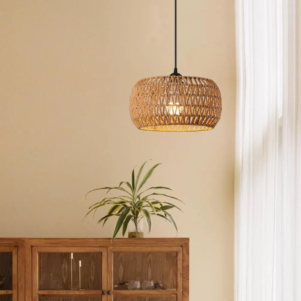 Bohemian Rattan Pendant Light - Woven Wicker Hanging Lamp