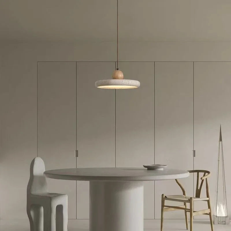 Nordic Travertine Stone Pendant Light with Wood Accent