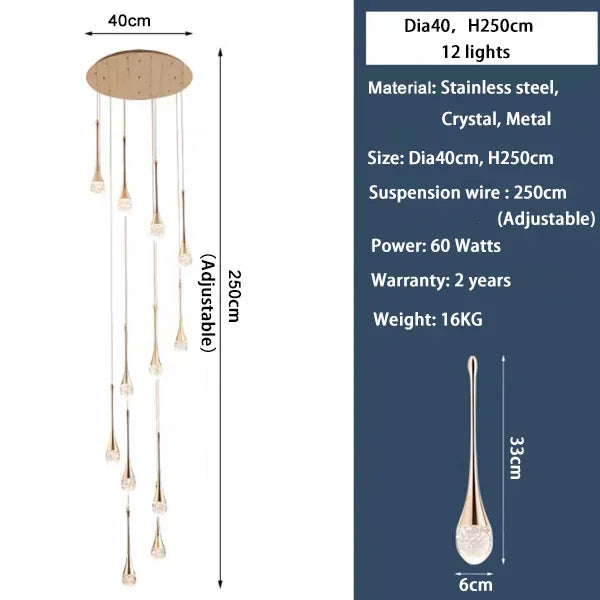 Lámpara de Araña LED de Diseño Moderno para Escalera, Lámpara de Cristal Larga de Lujo para Pasillo, con Luz Colgante Dorada Regulable para Decoración del Hogar