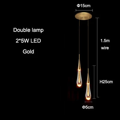 Modern Water Drop Led Pendant Lamp Gold/Black/Brass Crystal Glass Pendant Light Living room Bedroom Bedside Small Chandelier