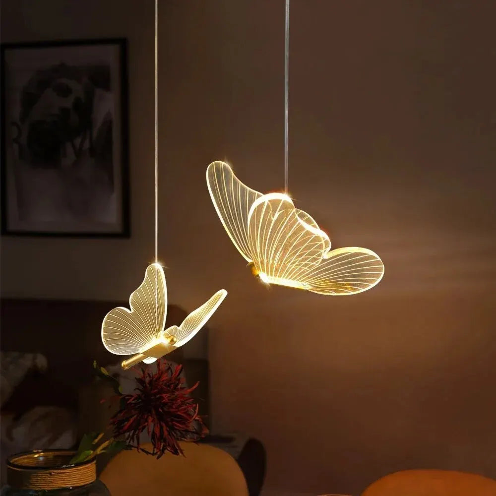 Butterfly LED Pendant Light in Gold with Clear Wings for Bedside