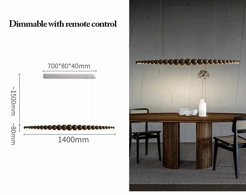 Modern Wood Bead Linear LED Pendant Light for Dining Table and Kitchen Island